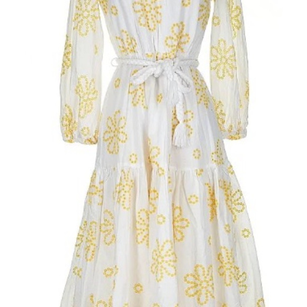 ALEXIS for Target White Midi Dress with Yellow Embroidery - M